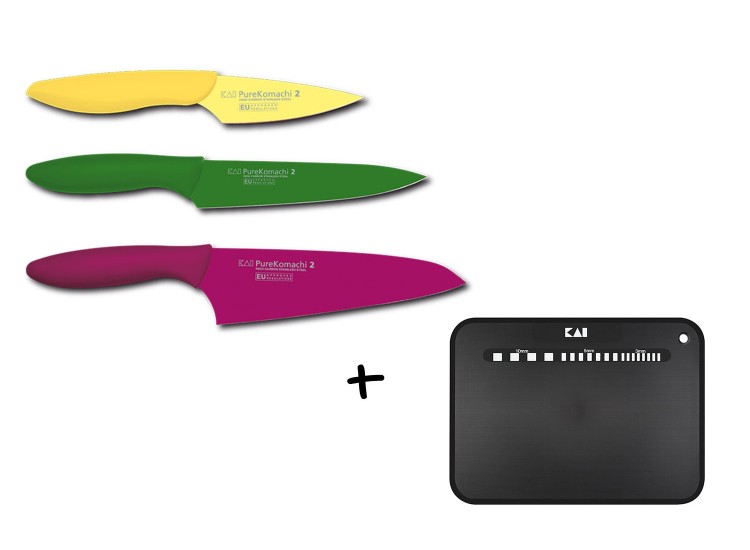 KAI Pure Komachi 3-piece Knife Set + 1 black cutting board