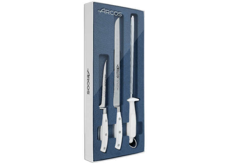 Arcos Riviera 2-piece Ham Carving Knife Set + 1 sharpening rod - white handles