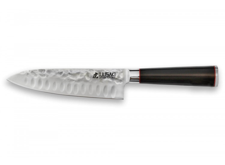 Wusaki Ebony AUS8 Santoku Knife scalloped blafe 17cm ebony handle